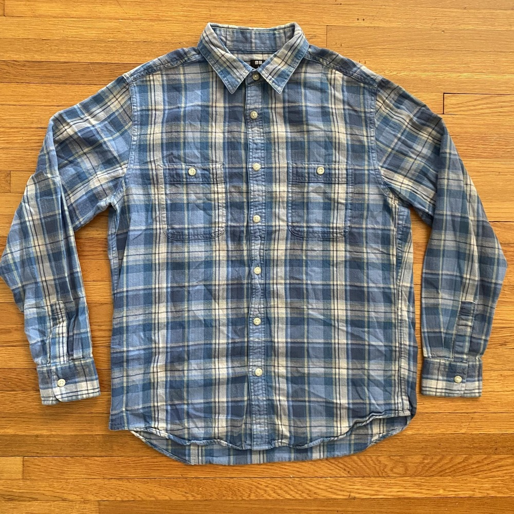 Uniqlo Shirt Mens Large Blue Plaid Button Down Long Sleeve Cotton Casual Pockets